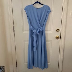 Light blue faux wrap tea length dress
